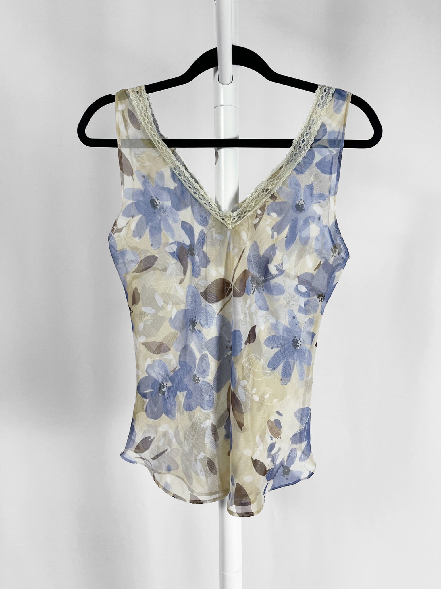 Vintage Sheer Floral Top with Lace Trim, Size S